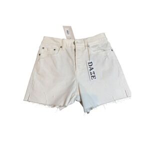 DAZE Denim Bottom Line High Rise Vintage White Cotton Jean Shorts fly botton